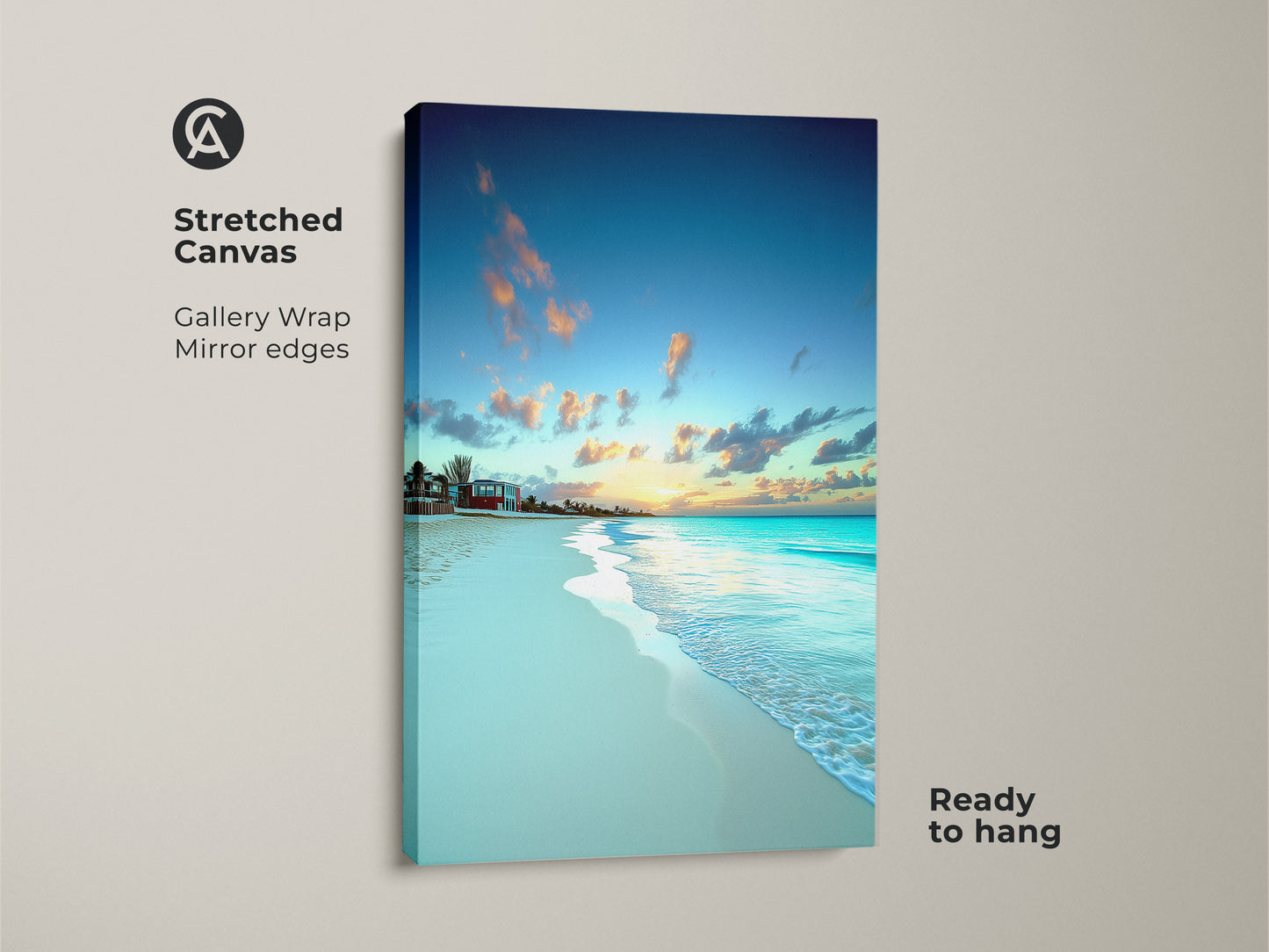 Stretched canvas shows tropical beach canvas print with ocean waves. Gallery wrap has mirror edges. Sky blue and yellow sunset beach artwork is ready to hang in any room.
