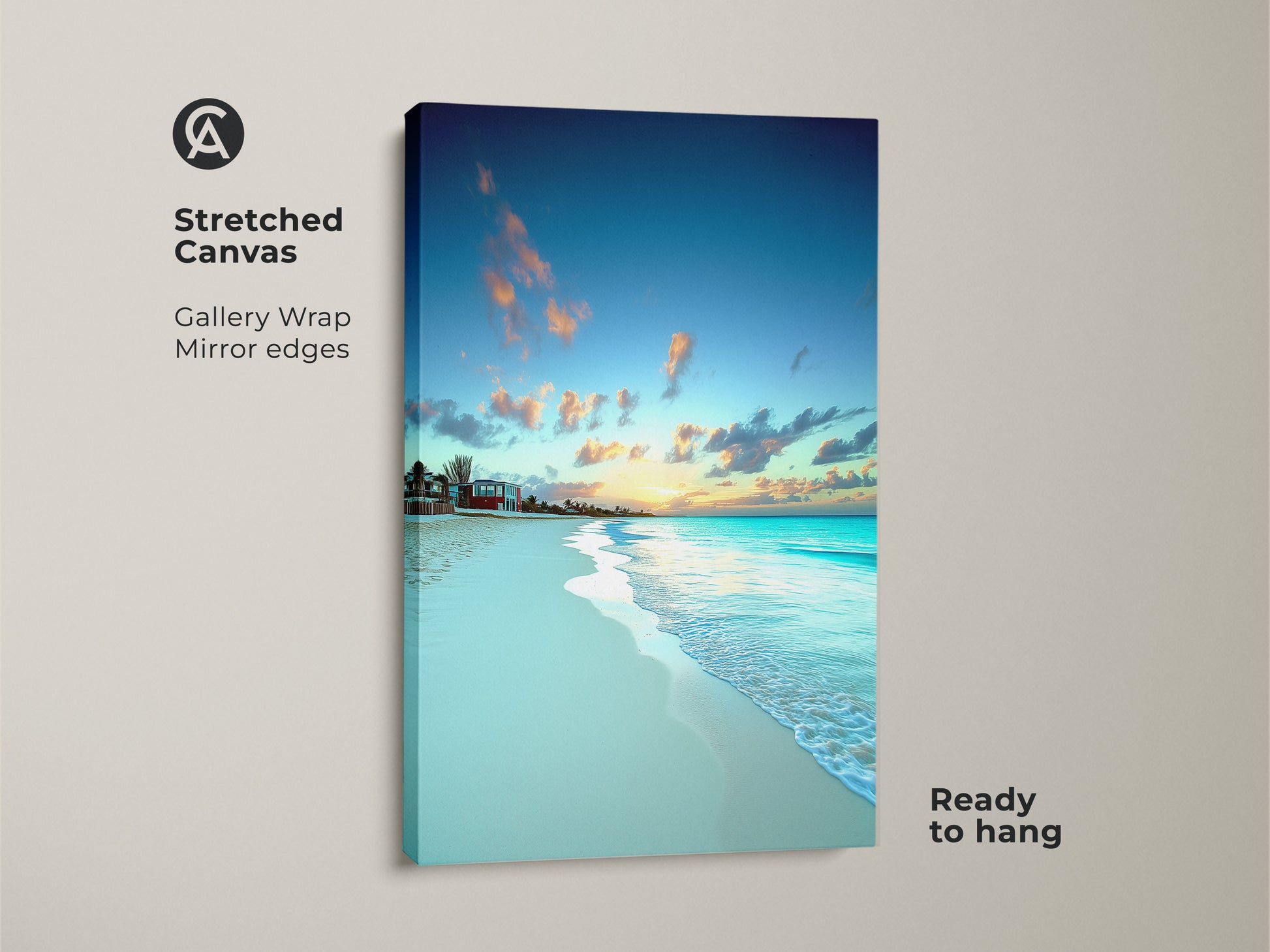 Stretched canvas shows tropical beach canvas print with ocean waves. Gallery wrap has mirror edges. Sky blue and yellow sunset beach artwork is ready to hang in any room.