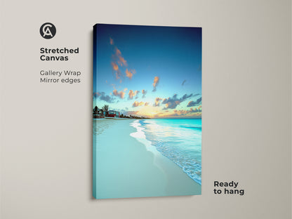 Stretched canvas shows tropical beach canvas print with ocean waves. Gallery wrap has mirror edges. Sky blue and yellow sunset beach artwork is ready to hang in any room.