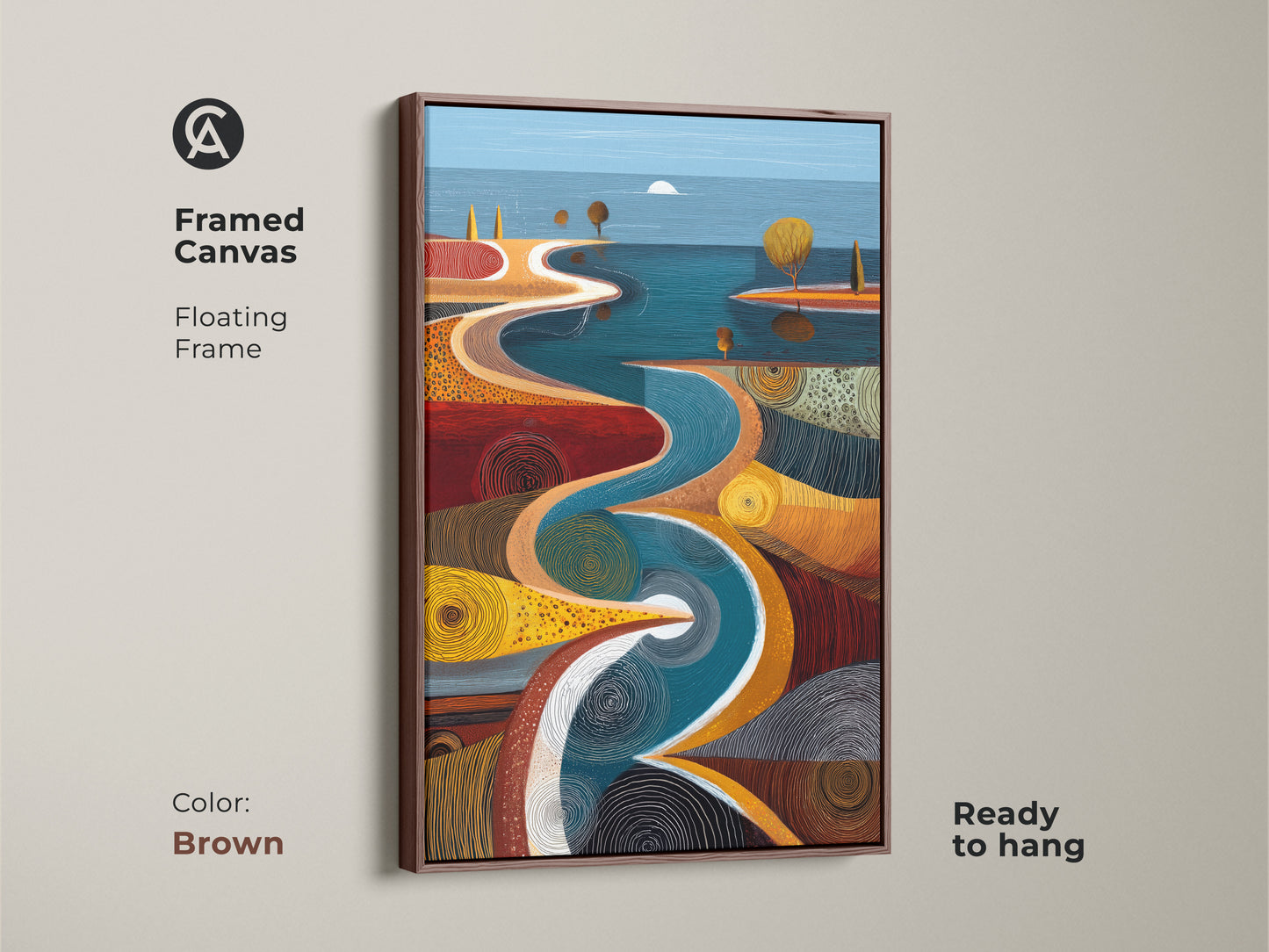A framed canvas print of a Mid-Century Modern river path art piece. The brown floating frame accentuates the artwork's teal and orange tones. Perfect as a unique nature inspired wall hanging for any room.