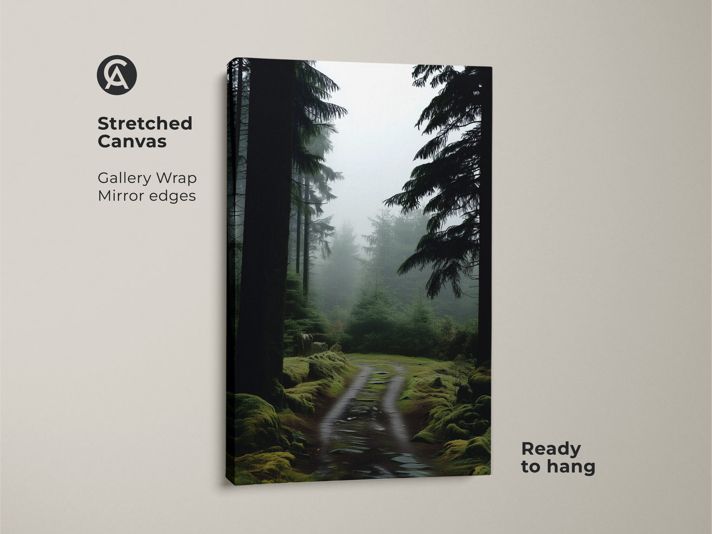 Stretched canvas print of a misty forest path. Deep green pine trees create a rustic nature scene. Perfect wall art for bedroom decor. A thoughtful gift for outdoor enthusiasts. Gallery wrapped with mirrored edges and ready to hang.