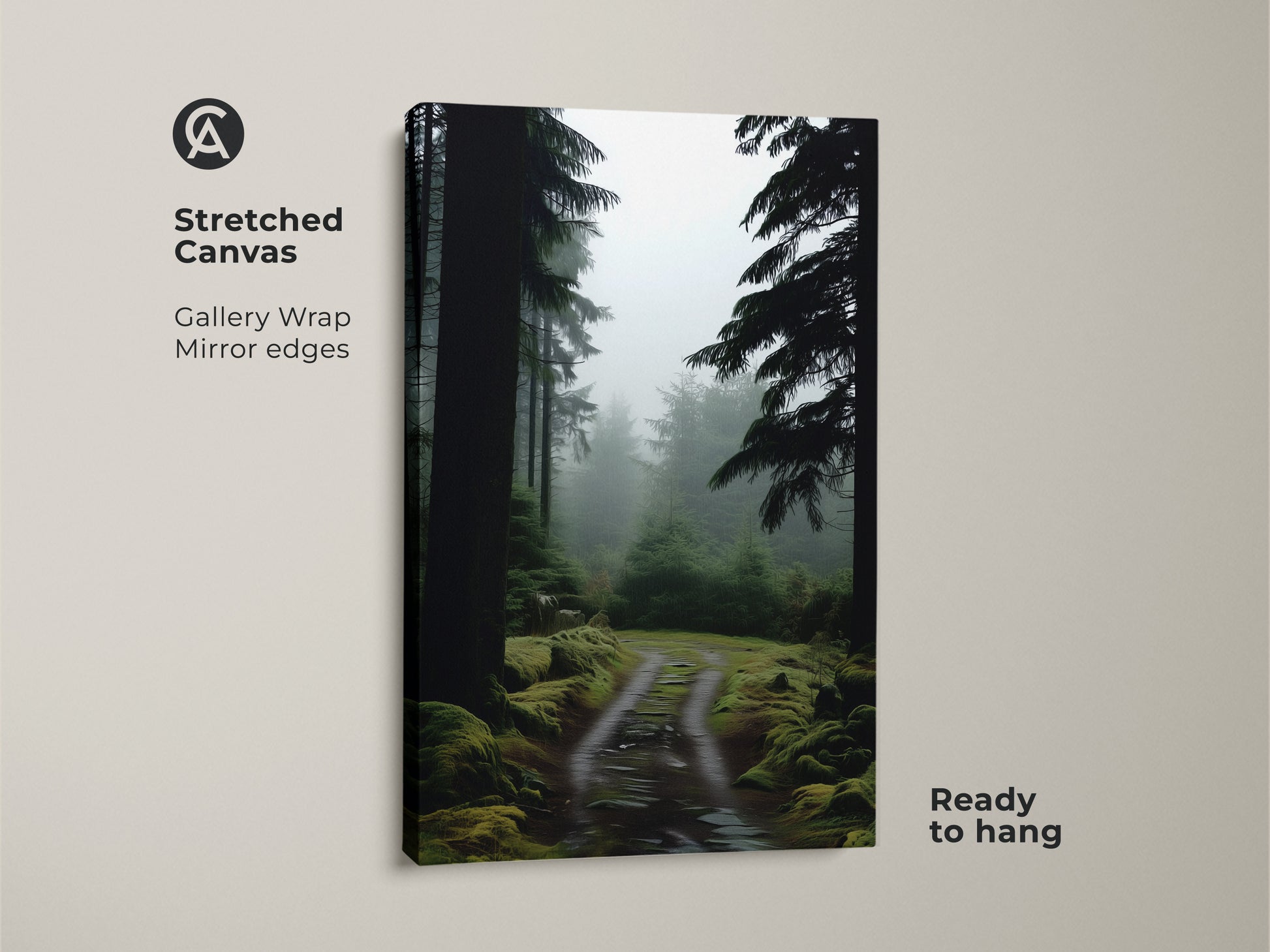Stretched canvas print of a misty forest path. Deep green pine trees create a rustic nature scene. Perfect wall art for bedroom decor. A thoughtful gift for outdoor enthusiasts. Gallery wrapped with mirrored edges and ready to hang.