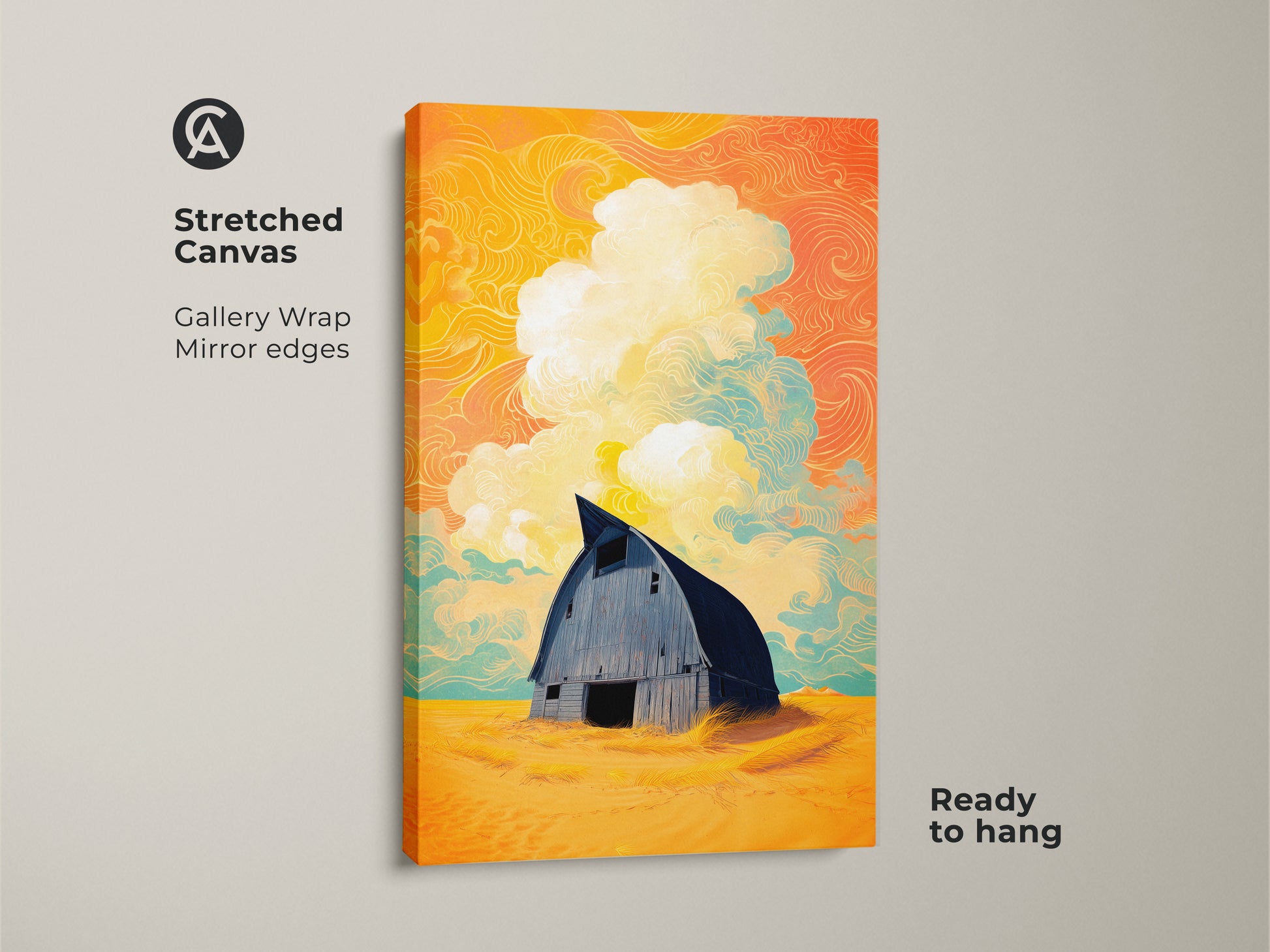 Stretched canvas of a surreal barn art. This gallery wrapped canvas has mirror edges. The stylized landscape print features a barn set against yellow orange teal clouds. Ready to hang this country home wall decor makes a great eclectic farmhouse art piece.