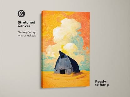 Stretched canvas of a surreal barn art. This gallery wrapped canvas has mirror edges. The stylized landscape print features a barn set against yellow orange teal clouds. Ready to hang this country home wall decor makes a great eclectic farmhouse art piece.