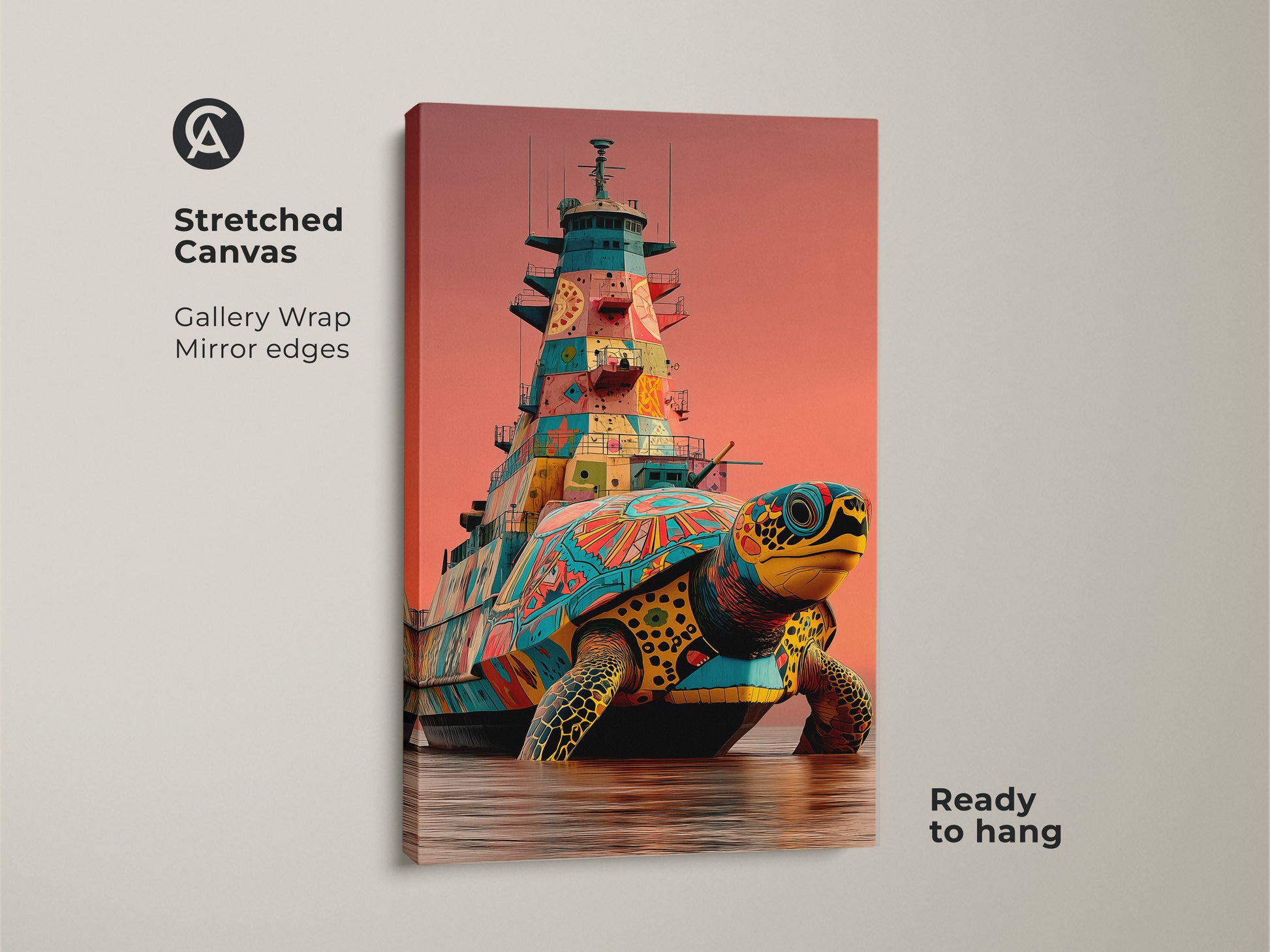 Admire this stretched canvas print displaying a surreal turtle battleship. The gallery wrap and mirror edges enhance its unique fantasy animal artwork. Its vibrant teal orange yellow colors capture the essence of pop art. Ready to hang this canvas brings an eclectic and whimsical charm. This artwork is a distinctive addition to any room