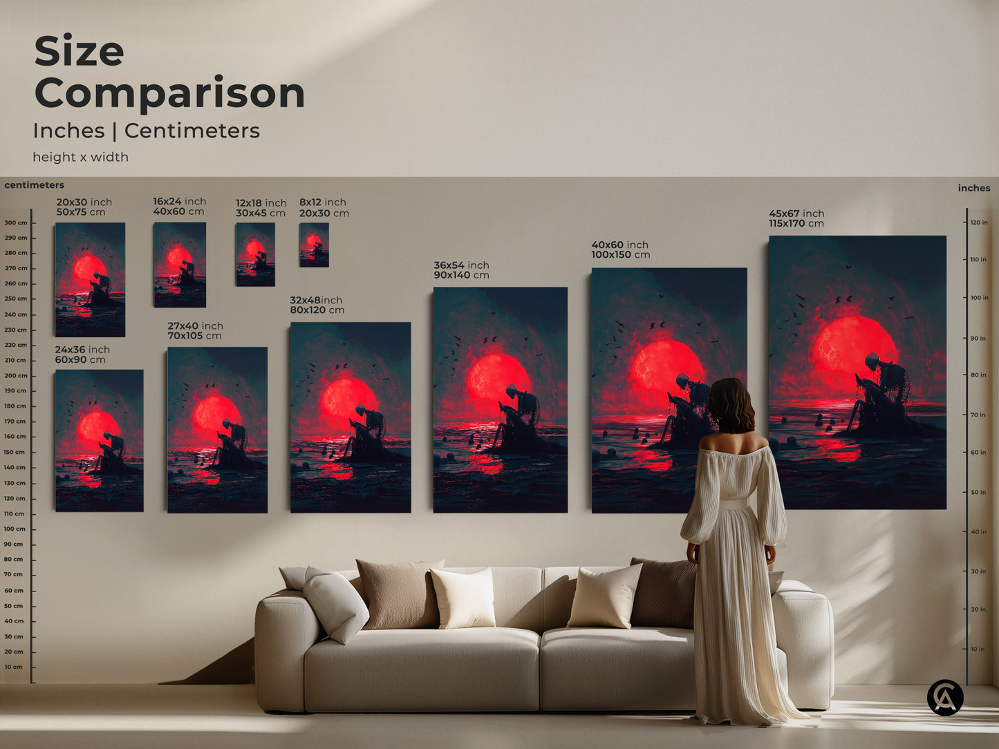 Size comparison of skeleton artwork featuring skeleton sitting by the ocean during a red moon. See how different sizes look in a living room setting. Available in inches and centimeters. Choose the perfect scale for your space. Find the ideal art for your home decor today.