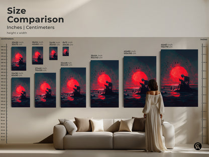 Size comparison of skeleton artwork featuring skeleton sitting by the ocean during a red moon. See how different sizes look in a living room setting. Available in inches and centimeters. Choose the perfect scale for your space. Find the ideal art for your home decor today.