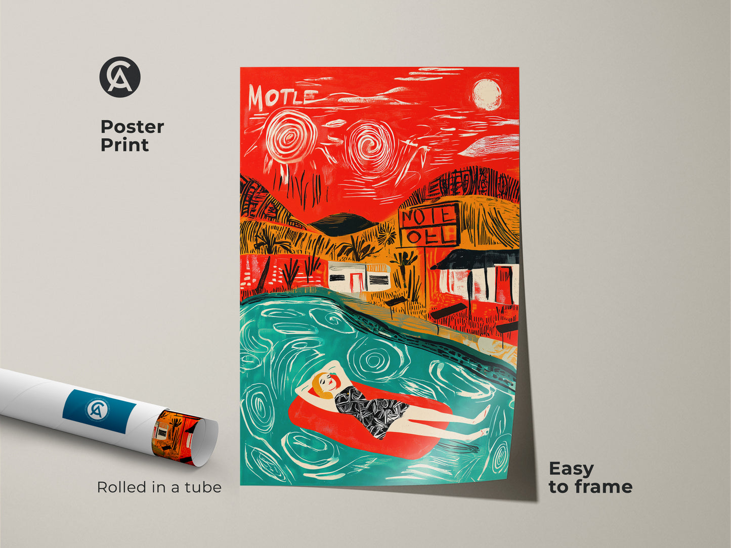 Poster print of a vibrant artwork featuring a retro motel scene. A woman is relaxing in a pool with a red sky overhead. This easy-to-frame poster adds a pop of color and vintage flair to any room.