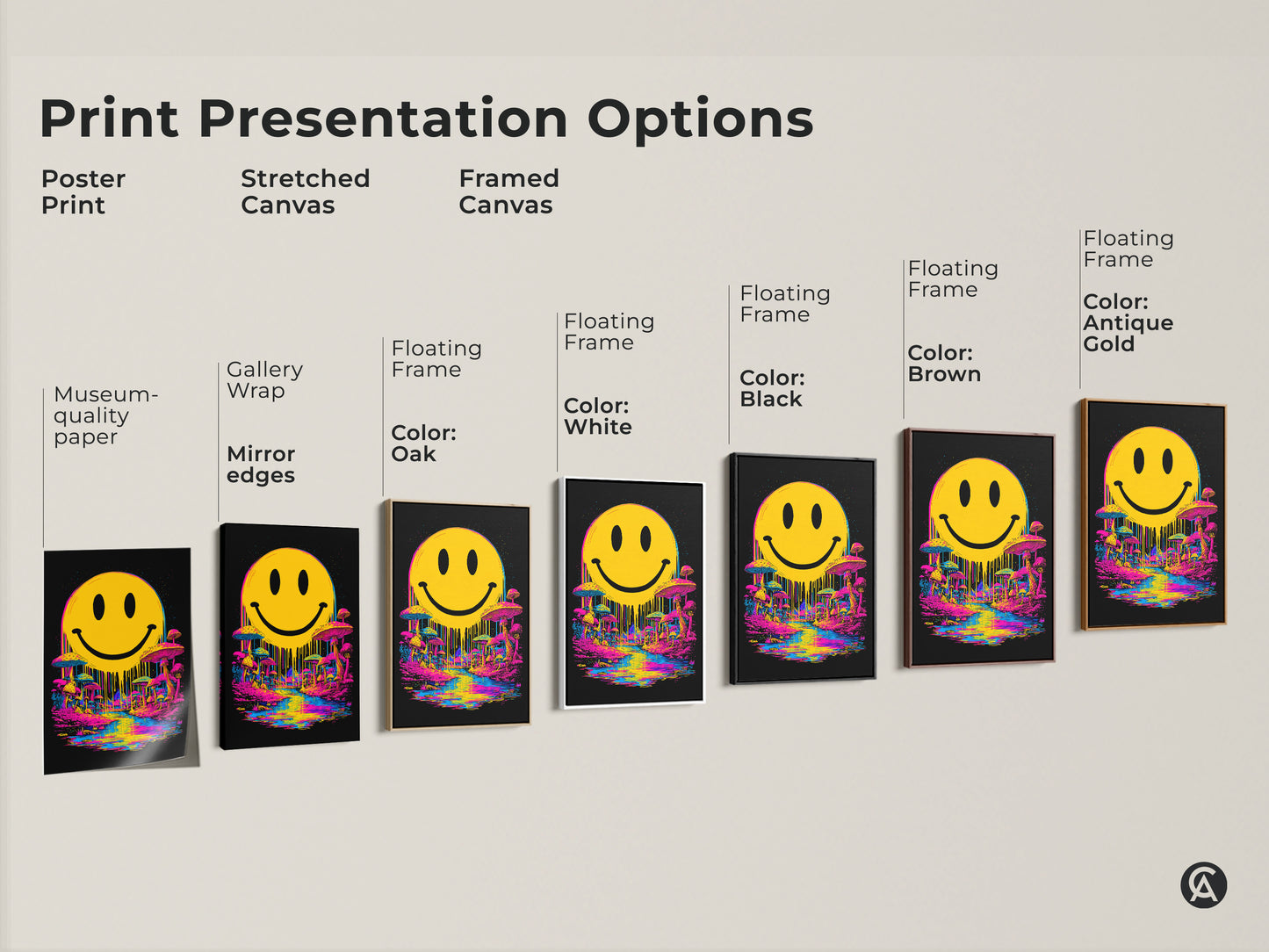 Print presentation options for smiley face artwork. Choose from poster prints stretched canvases or framed canvases. Available with gallery wrap mirror edges and floating frames in black brown antique gold oak and white. Find the perfect presentation for your art