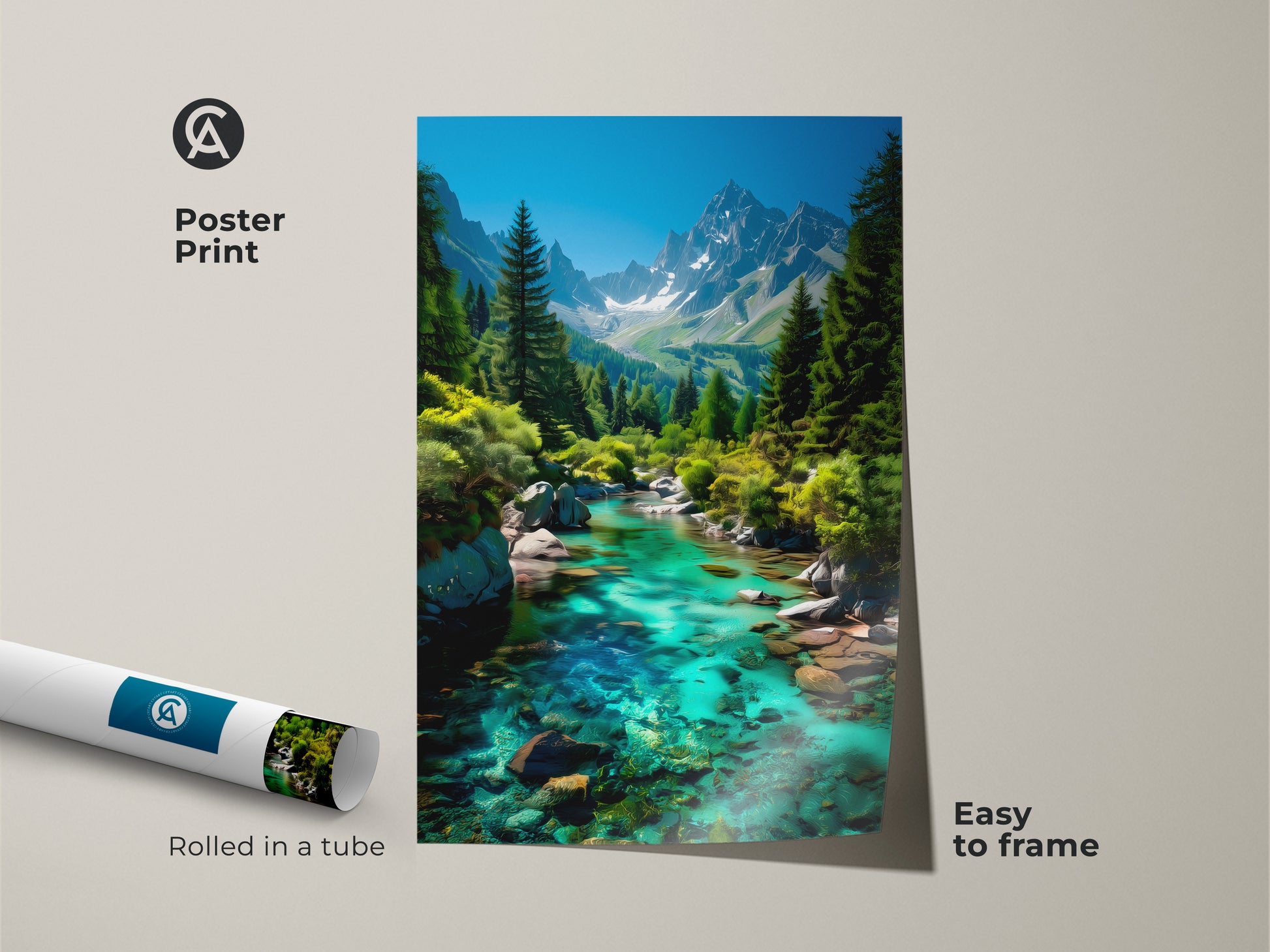Poster print showcasing a turquoise mountain river and pine tree landscape rolled in a tube. This nature-inspired artwork is easy to frame. Perfect as a gift for hikers and outdoor enthusiasts it brings the beauty of nature indoors.