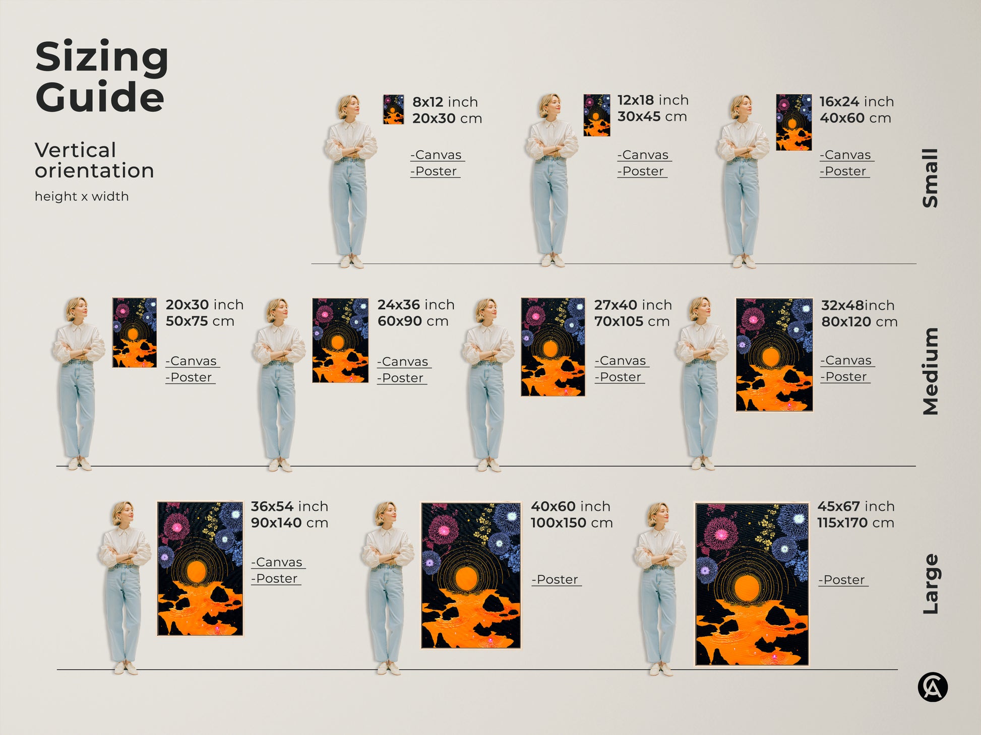Sizing guide displaying various canvas and poster sizes. Vertical orientation with a model showcasing how the purple orange dandelion & fireworks abstract geometric artwork looks in different dimensions for bedroom wall decor art.