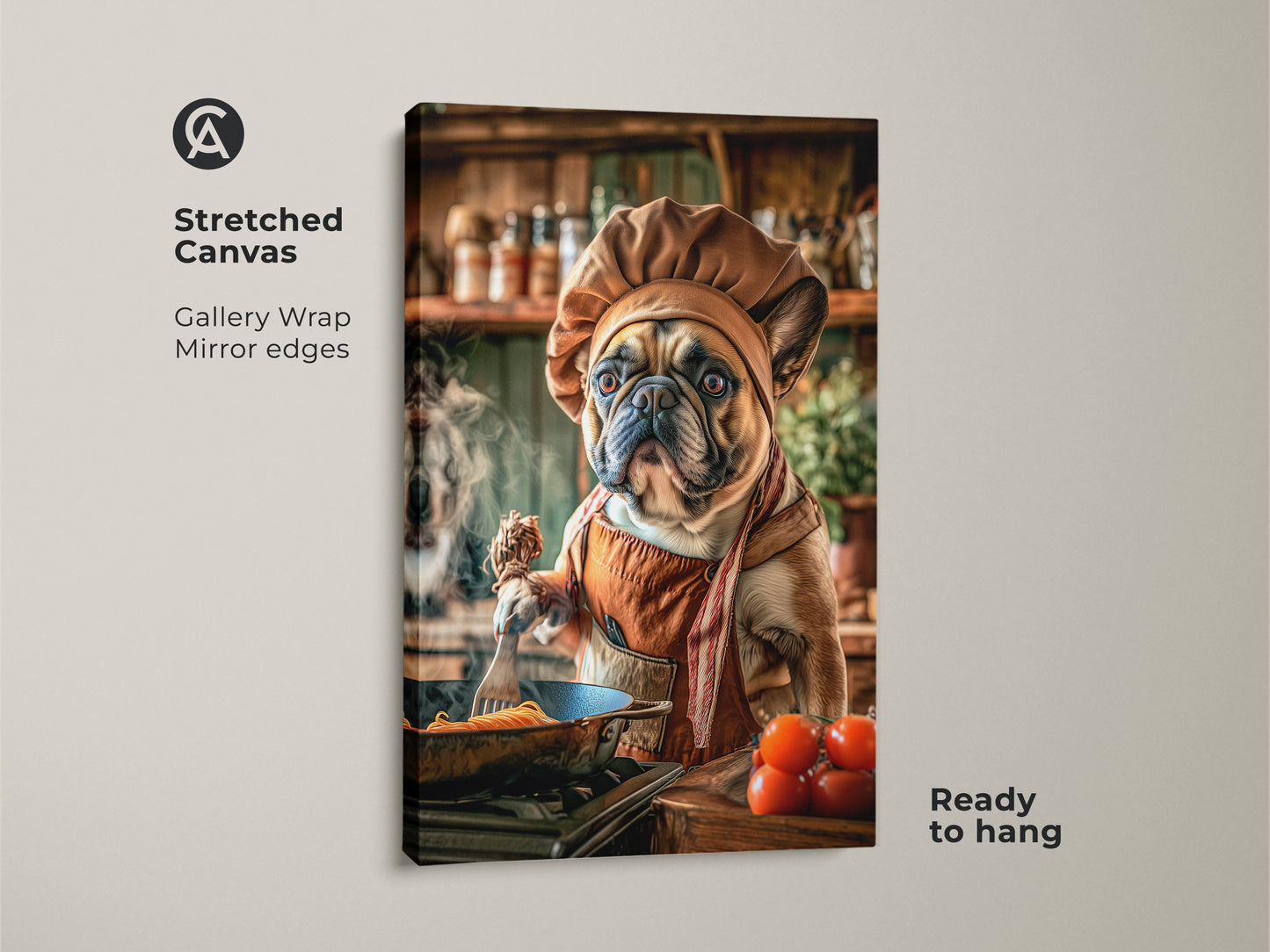 Tan and orange Frenchie chef canvas artwork. This stretched canvas features a dog cooking kitchen scene. Ready to hang with gallery-wrapped edges. Great funny dog artwork.
