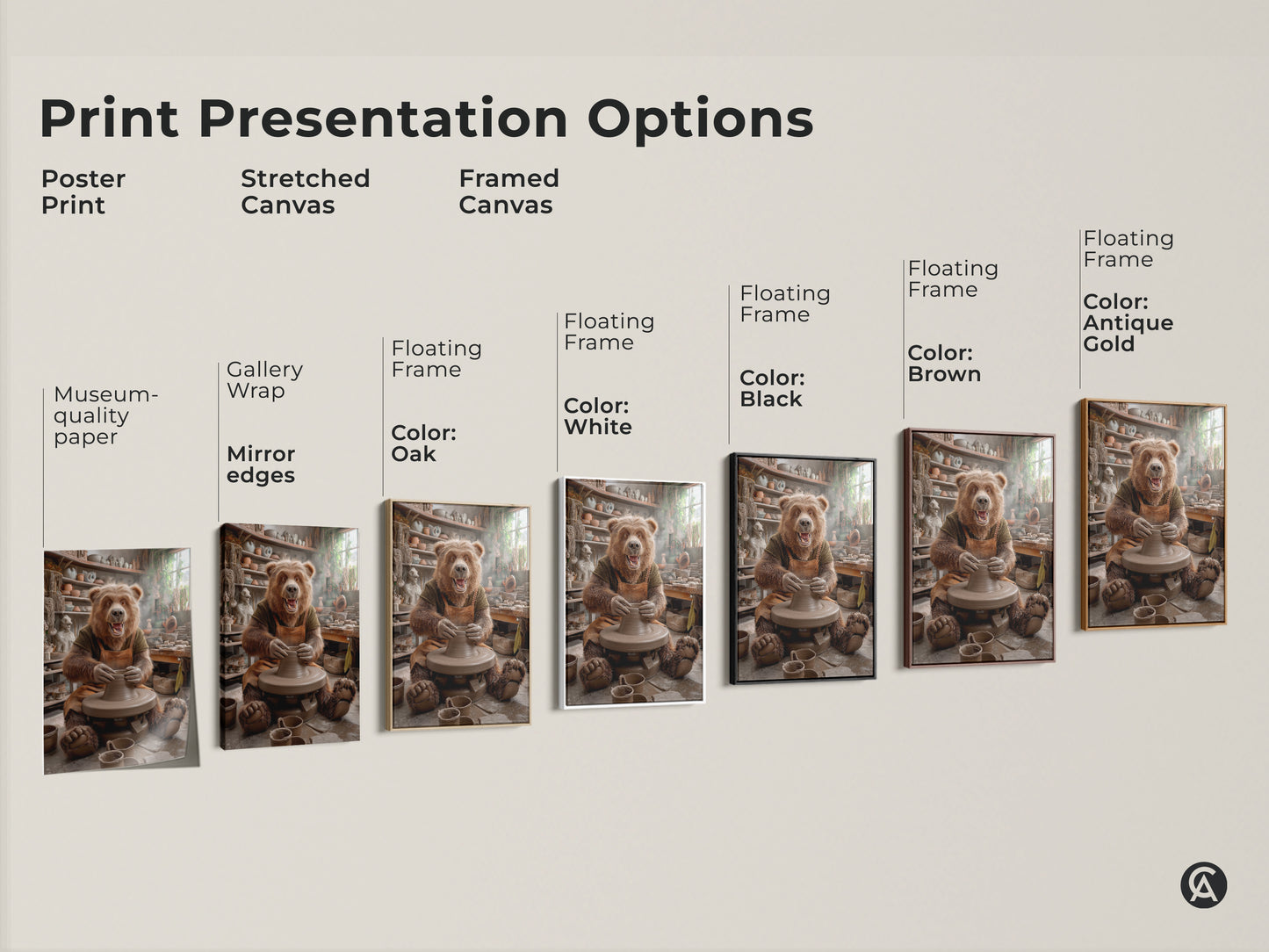 Print presentation options for bear pottery wheel art. Poster print stretched canvas and framed canvas. Multiple floating frame color options. Museum-quality paper and gallery wrap available. Find the perfect style for your studio or home.