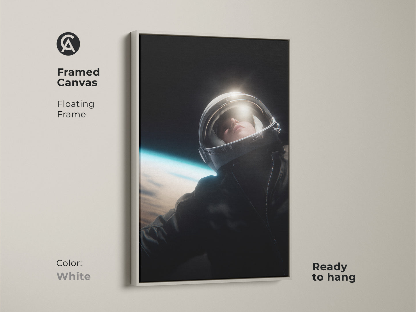 Add a minimalist touch with this framed astronaut canvas. The white floating frame enhances the clean lines of the photorealistic art. It comes ready to hang. This art is perfect for a modern office or home. It features an astronaut looking up with Earth in the background.