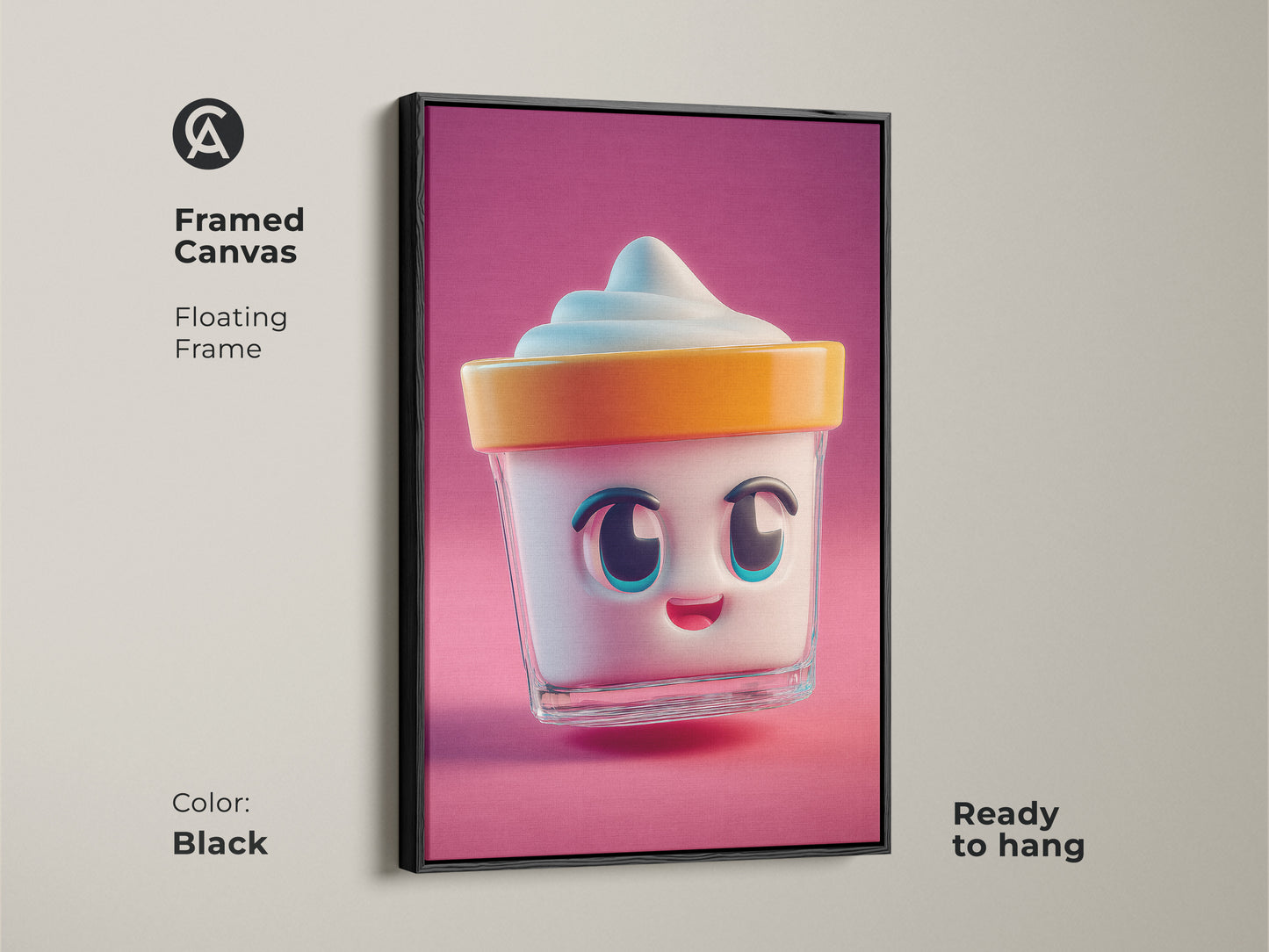 Framed canvas art of a cute kawaii ice cream cup. This kitchen decor features a black floating frame. Ready to hang this sweet treats canvas art adds fun to any space. Perfect for kids room decor.