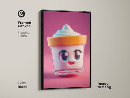 Framed canvas art of a cute kawaii ice cream cup. This kitchen decor features a black floating frame. Ready to hang this sweet treats canvas art adds fun to any space. Perfect for kids room decor.