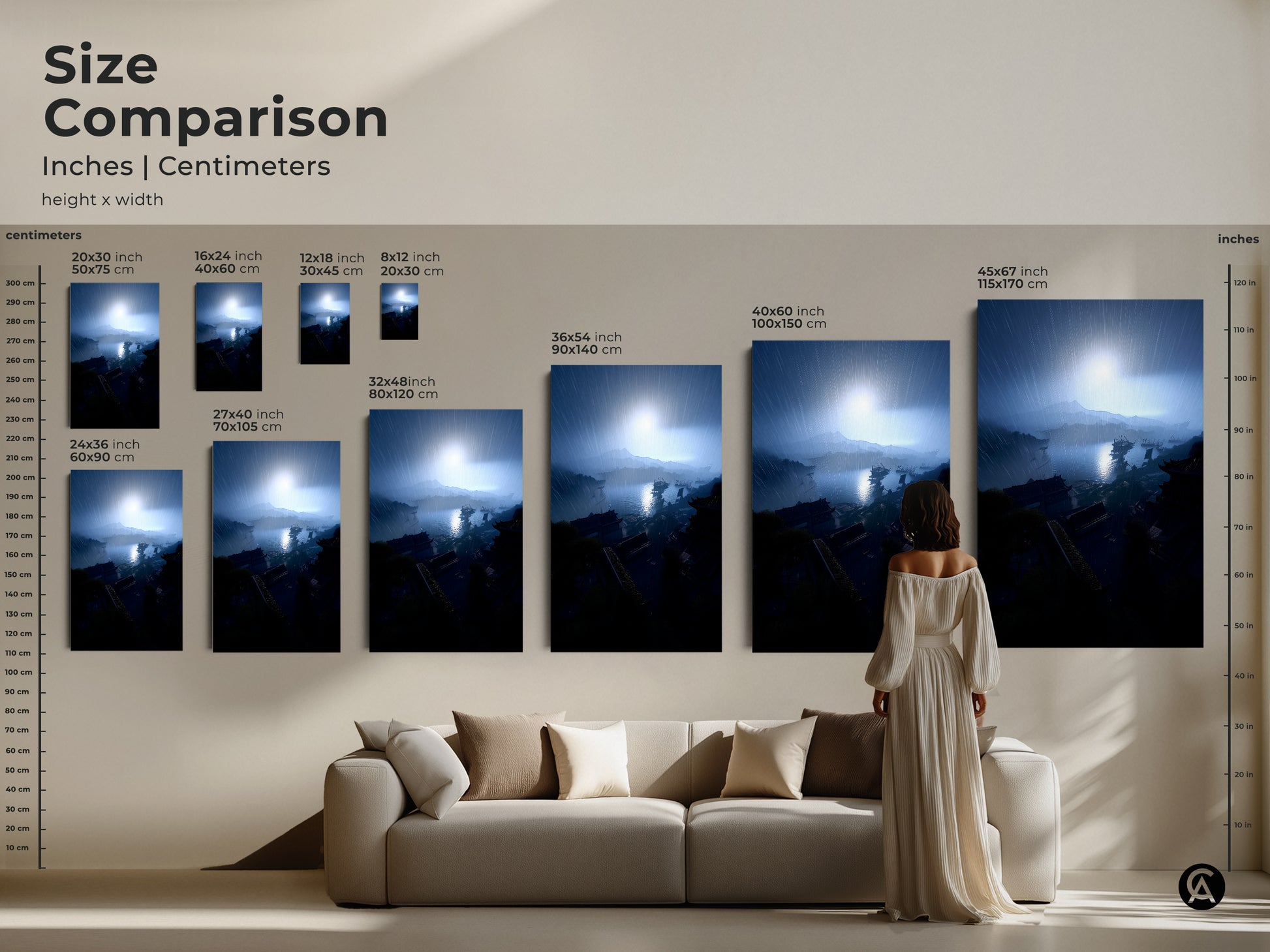 Size comparison of rainy harbor landscape art in inches and centimeters. See how the coastal cityscape print fits above a sofa. Available in various sizes to suit your space. Choose from canvas and poster options. This navy blue and gray artwork adds a touch of travel. Perfect for residential wall decor and eclectic style.