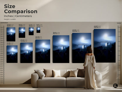 Size comparison of rainy harbor landscape art in inches and centimeters. See how the coastal cityscape print fits above a sofa. Available in various sizes to suit your space. Choose from canvas and poster options. This navy blue and gray artwork adds a touch of travel. Perfect for residential wall decor and eclectic style.