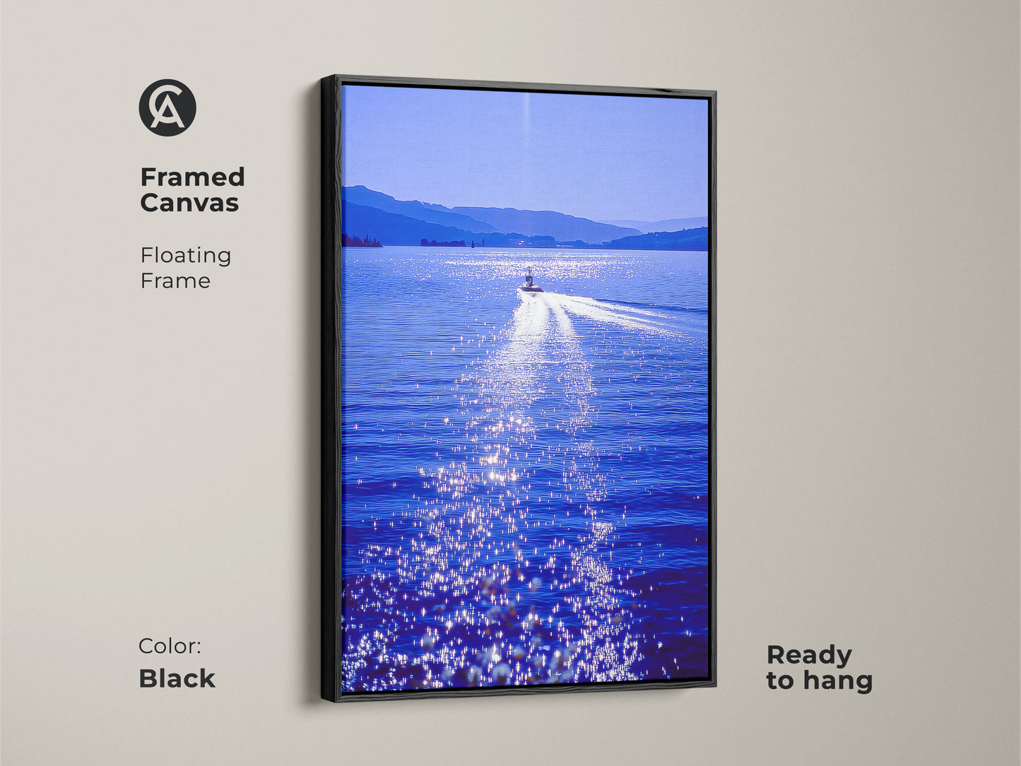 Framed canvas of a speedboat art on a deep blue lake. The floating frame is black and ready to hang. This scenic wall artwork is a great housewarming gift for travel enthusiasts. It's a perfect piece of modern art.