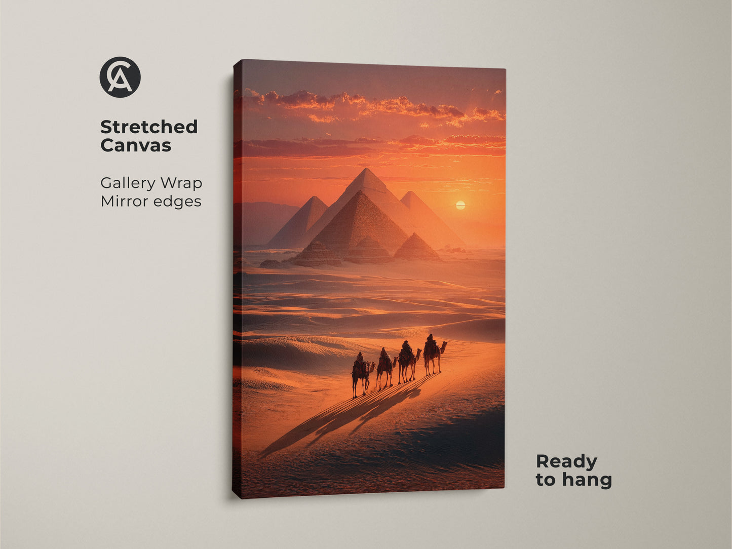 Admire the Egypt Pyramids Camel Sunset artwork on stretched canvas. Gallery wrapped with mirrored edges it's ready to hang. Featuring pyramids and a camel caravan traversing the desert sands. This piece showcases golden yellow and orange tones. A beautiful canvas print perfect for travel themed decor.