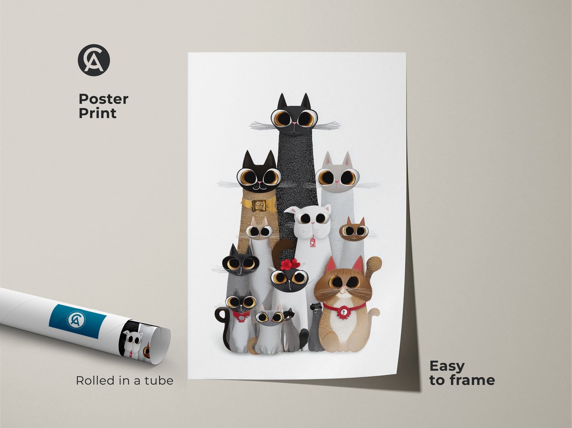 Poster print of cute cartoon cat art. The whimsical animal wall art is rolled in a tube and easy to frame. This eclectic cat family poster is a great cat mom birthday gift and will add a unique touch to any room.