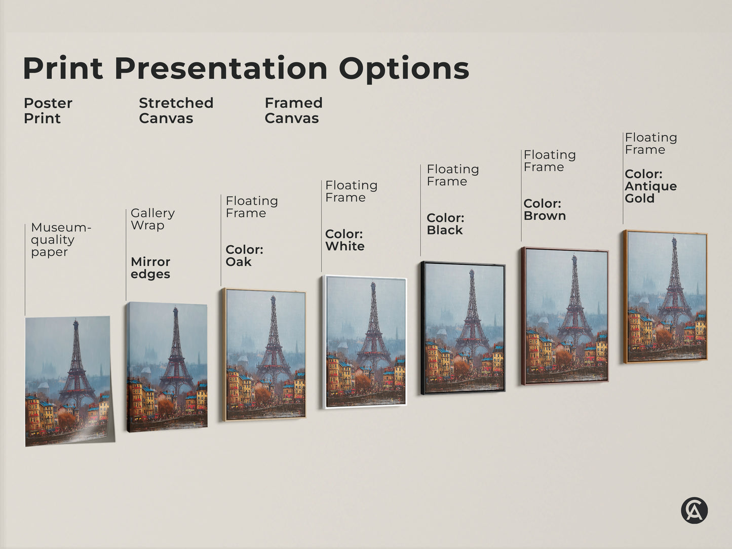 Compare print options for Eiffel Tower art. Choose from poster prints stretched canvas and framed canvas. The artwork captures the Parisian landmark with building details. Find the perfect style to enhance your decor.