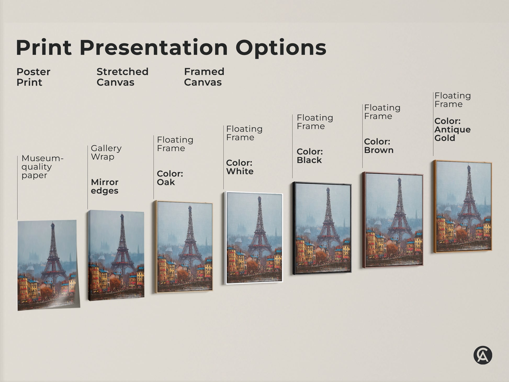 Compare print options for Eiffel Tower art. Choose from poster prints stretched canvas and framed canvas. The artwork captures the Parisian landmark with building details. Find the perfect style to enhance your decor.