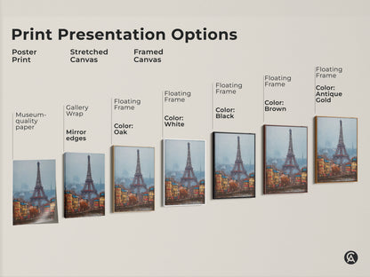 Compare print options for Eiffel Tower art. Choose from poster prints stretched canvas and framed canvas. The artwork captures the Parisian landmark with building details. Find the perfect style to enhance your decor.