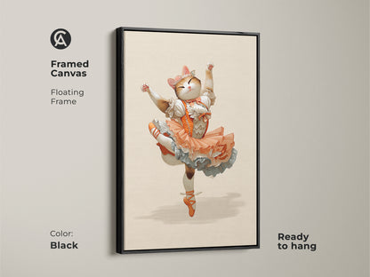 Framed canvas featuring an orange ballerina cat. The black floating frame enhances this whimsical fantasy cat art. This cute cat is dressed in an orange tutu and ballet shoes. A delightful piece of eclectic home decor. The animal ballet dancer print is ready to hang and a perfect gift for cat enthusiasts.