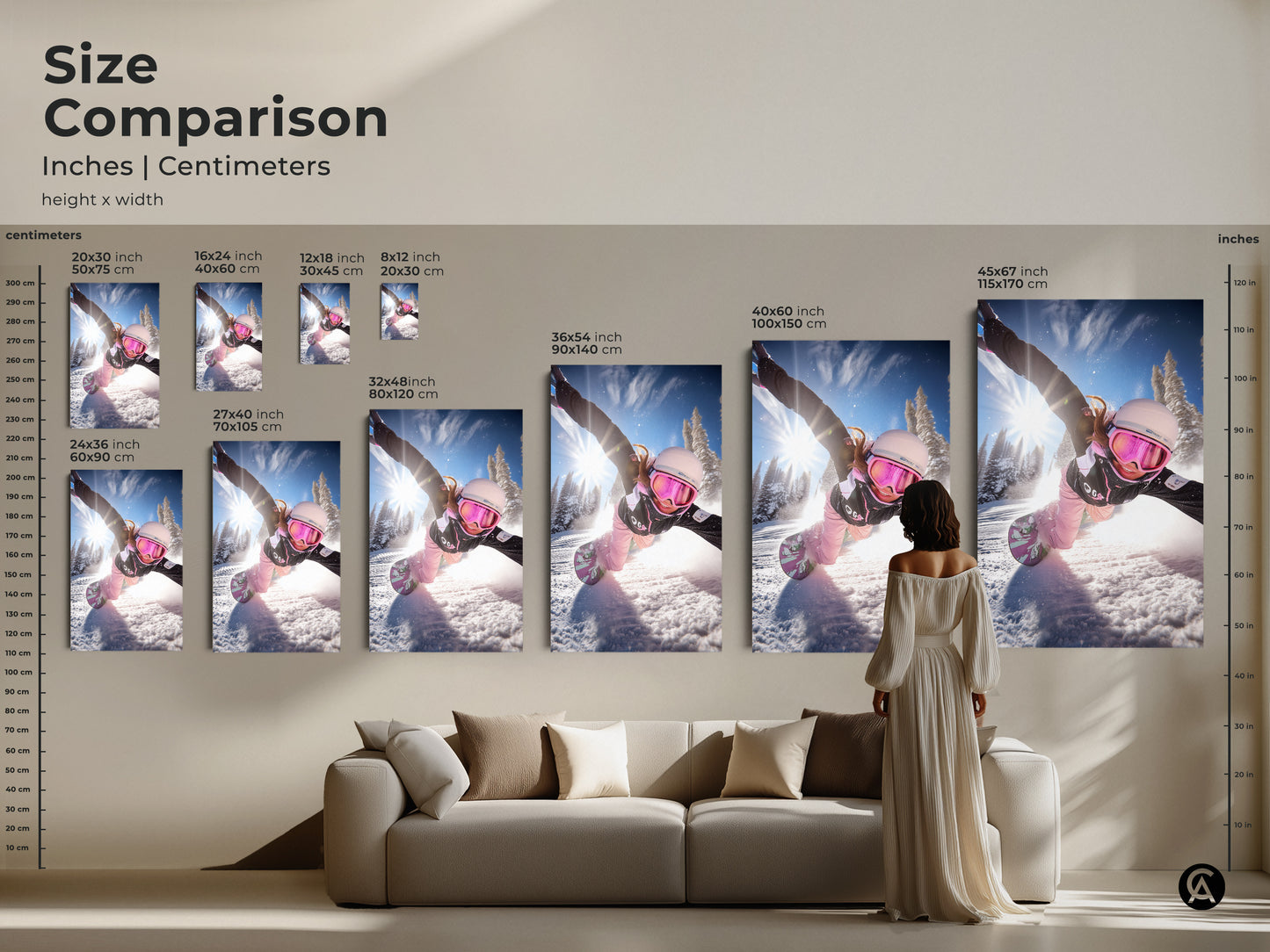 Size comparison of snowboarder action art. Dynamic winter sports canvas in various sizes. See how this winter mountain canvas decor fits in a living room. Perfect for winter sports enthusiasts.