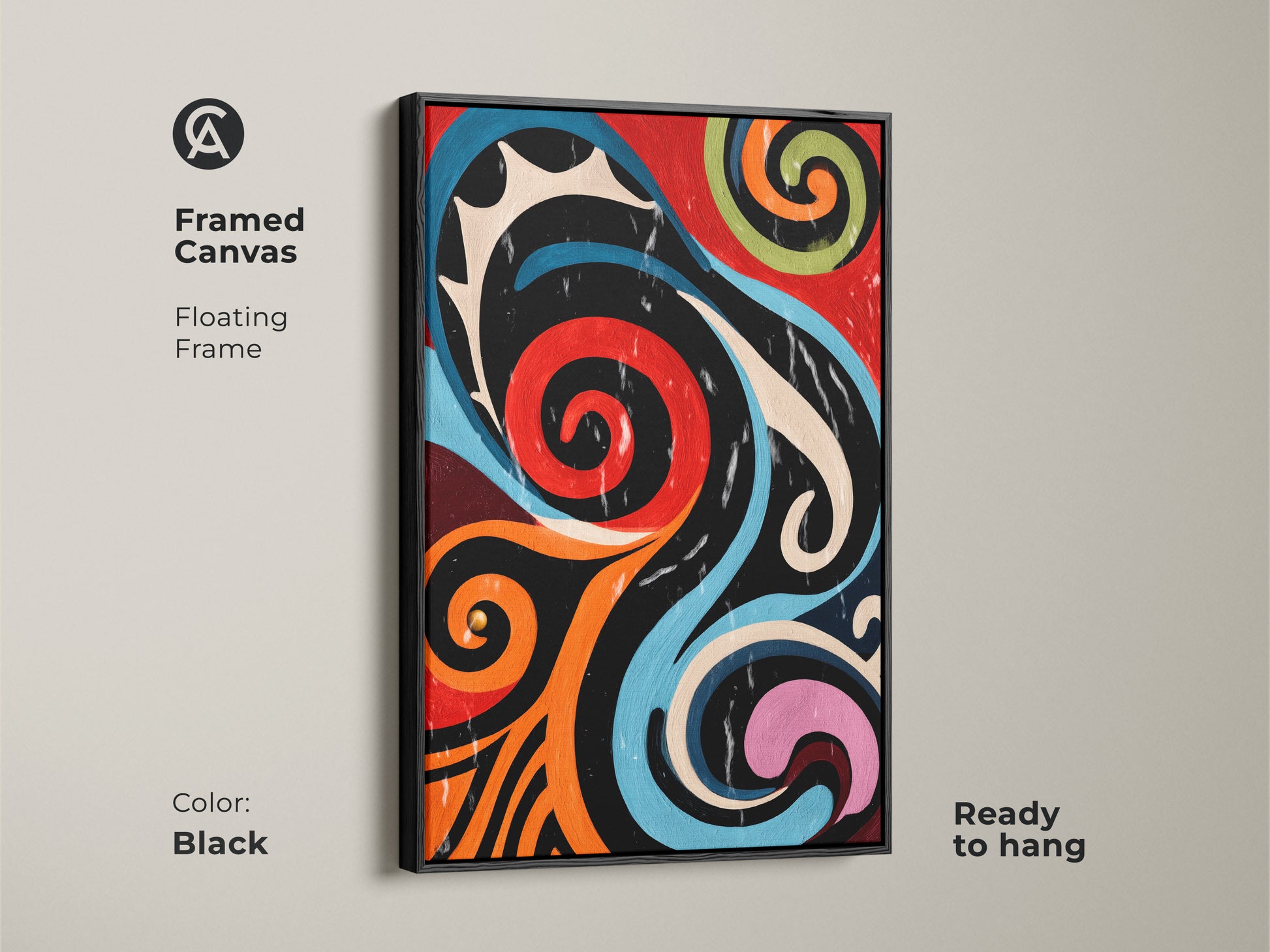 A framed canvas features colorful abstract artwork. The floating black frame highlights the retro swirls in red orange and blue. This mid-century modern art is ready to hang. This eye-catching geometric print is suitable for office decor adding an eclectic touch.
