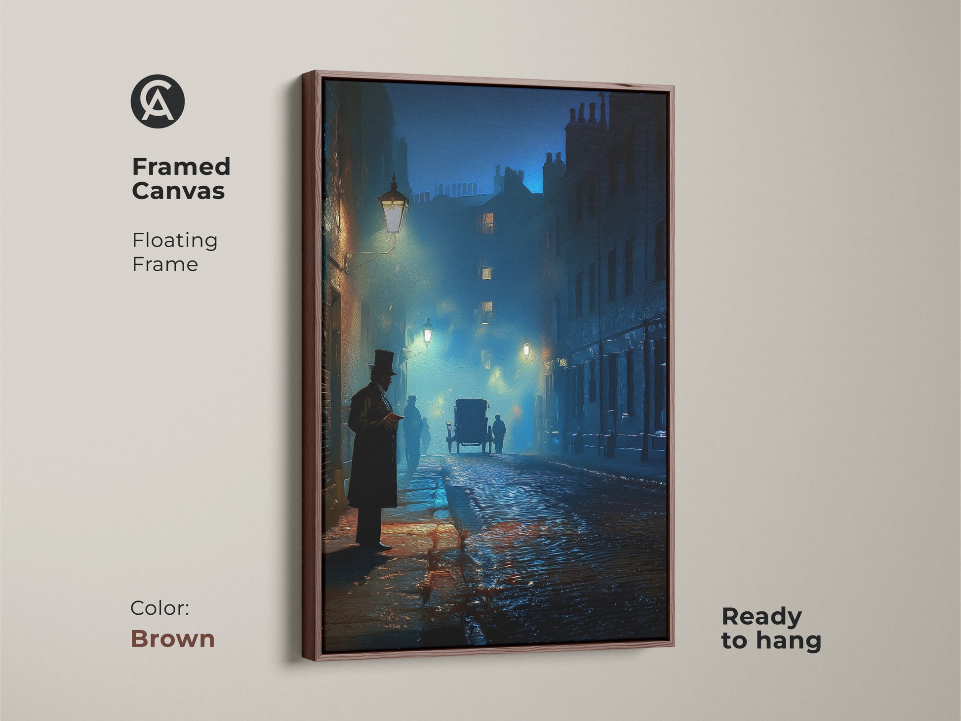 Framed canvas of a Victorian street with a brown floating frame. The art features a horse carriage in navy teal blue tones. Add gothic wall art to your home office or study. A classic street scene art print for history buffs. Ready to hang.