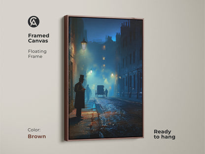 Framed canvas of a Victorian street with a brown floating frame. The art features a horse carriage in navy teal blue tones. Add gothic wall art to your home office or study. A classic street scene art print for history buffs. Ready to hang.