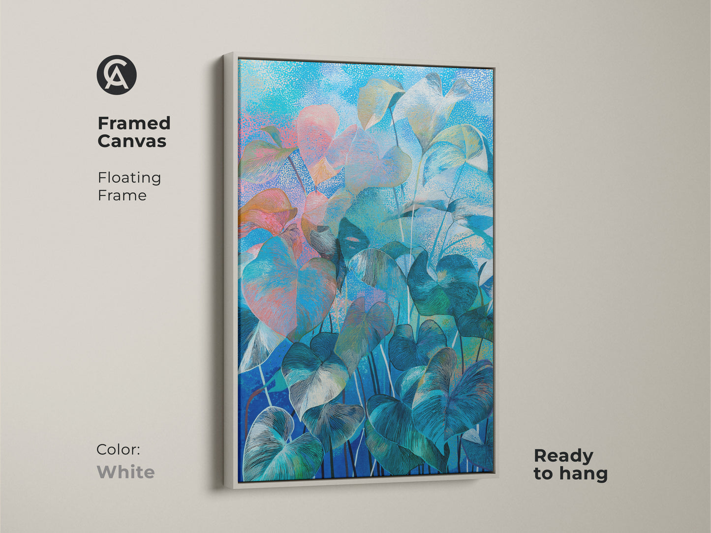 Tropical leaves canvas art in a stretched format. The gallery wrap and mirrored edges enhance its modern aesthetic. It's a ready-to-hang piece ideal for adding a serene touch to any room.