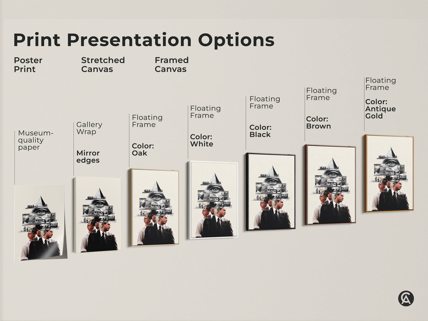 Explore Print Presentation Options of the Monochrome Eye Pyramid Collage artwork. Choices include poster prints and stretched canvases. Framed canvas options are available. Each piece is Museum quality for any office wall art. Choose your style today.