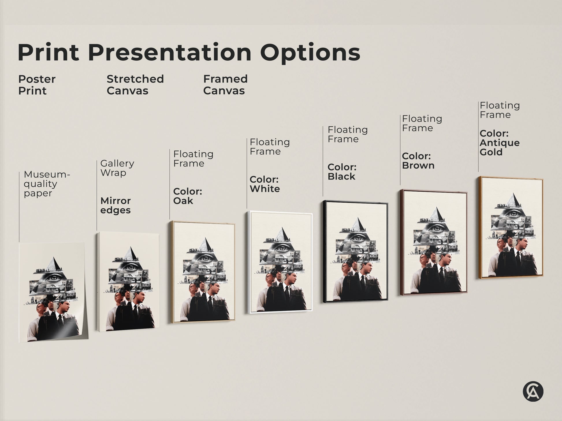 Explore Print Presentation Options of the Monochrome Eye Pyramid Collage artwork. Choices include poster prints and stretched canvases. Framed canvas options are available. Each piece is Museum quality for any office wall art. Choose your style today.