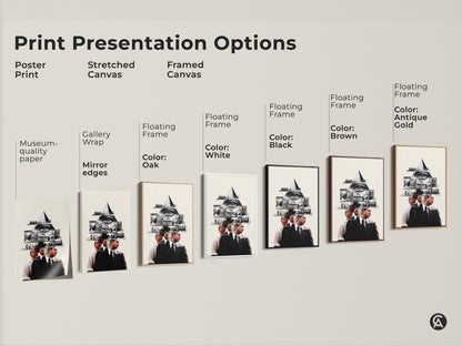 Explore Print Presentation Options of the Monochrome Eye Pyramid Collage artwork. Choices include poster prints and stretched canvases. Framed canvas options are available. Each piece is Museum quality for any office wall art. Choose your style today.
