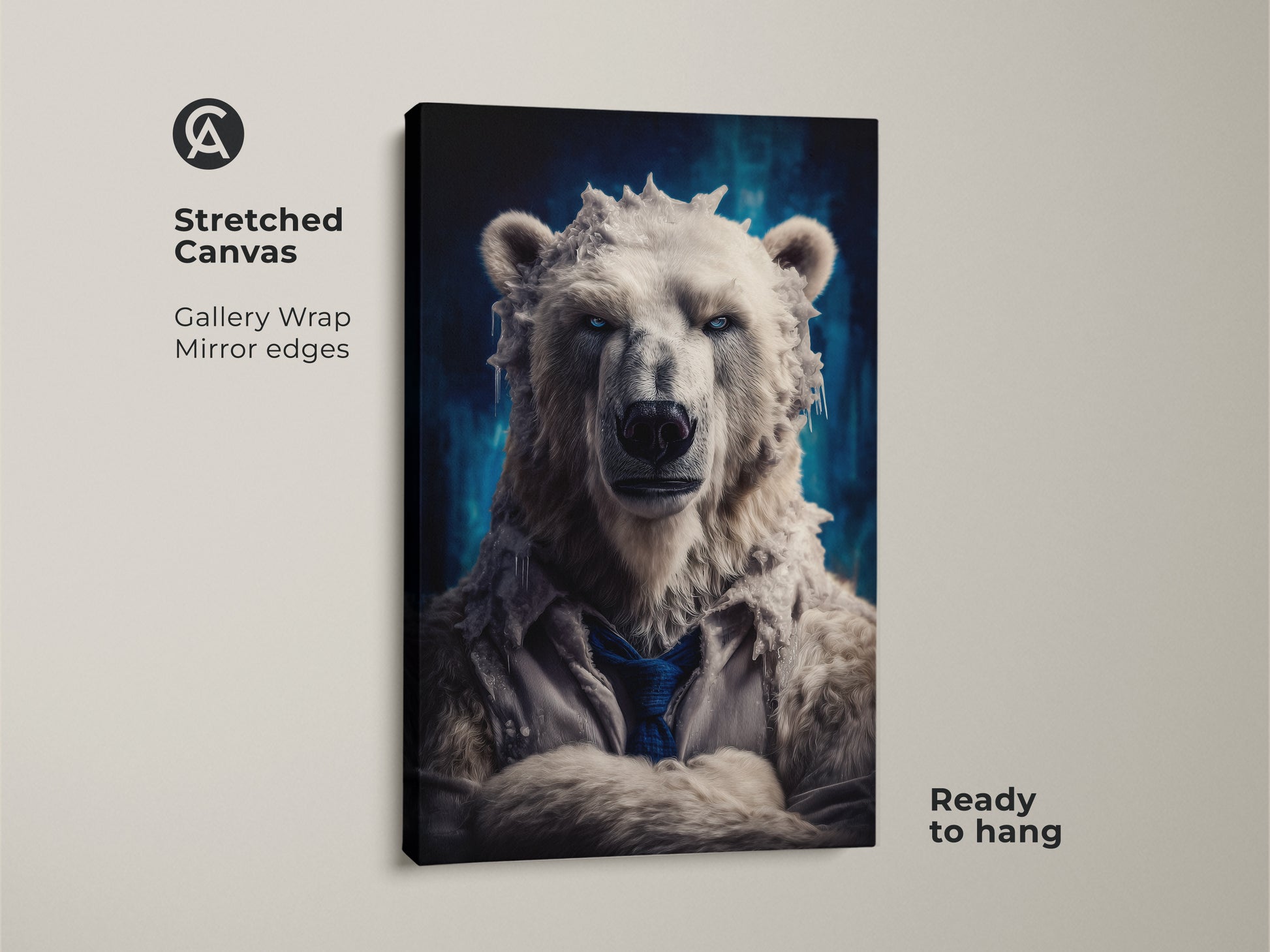 Displayed on a stretched canvas this surreal polar bear artwork makes a bold statement. With gallery wrapped mirror edges this dark blue wildlife portrait seems ready to hang. An excellent gift for animal lovers who want eclectic home art.