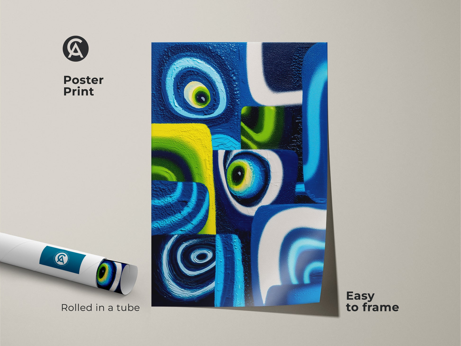 A poster print of abstract swirls wall art. This deep blue and green geometric artwork. This contemporary art is perfect for a modern office. Rolled in a tube this museum-quality paper poster is easy to frame adding vibrant color to any space