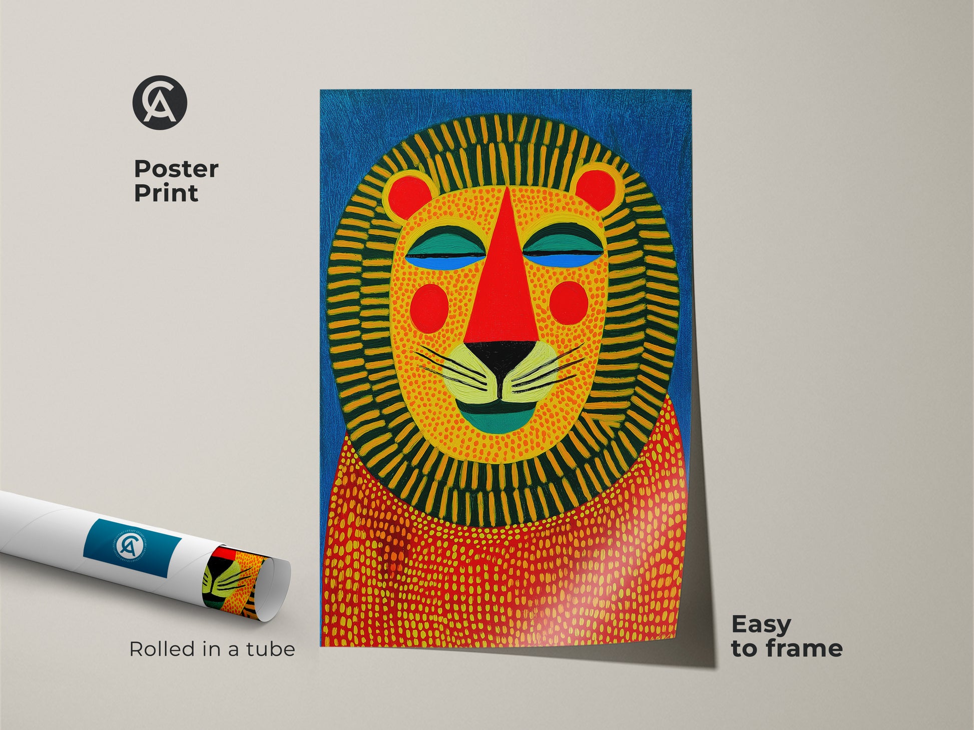 Poster print of a stylized lion portrait. This geometric animal face artwork is rolled in a tube for easy framing. The vibrant blue and yellow art is perfect for a child's playroom. Add a bold statement piece.