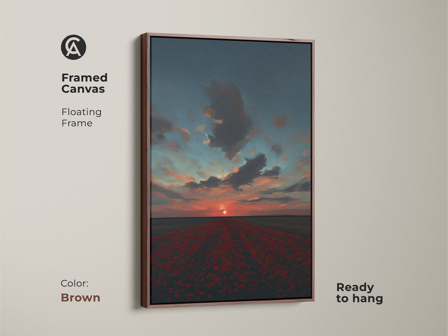 This framed canvas presents a vibrant poppy field sunset with a crimson sky and teal accents. The brown floating frame complements the nature-inspired beauty of the artwork. It is ready to hang as a focal point in any room. The perfect housewarming gift for nature lovers.