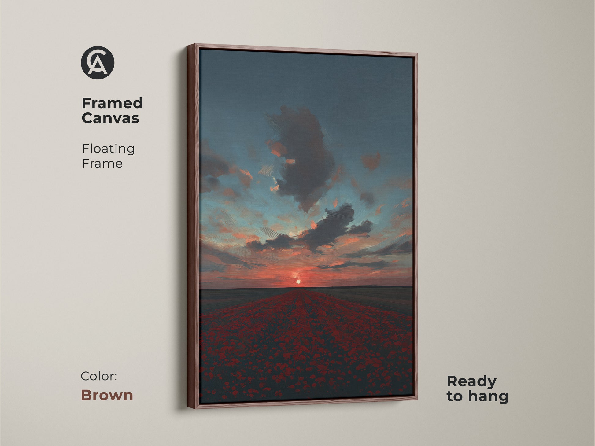 This framed canvas presents a vibrant poppy field sunset with a crimson sky and teal accents. The brown floating frame complements the nature-inspired beauty of the artwork. It is ready to hang as a focal point in any room. The perfect housewarming gift for nature lovers.