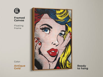 Framed canvas featuring Pop Art Woman with an antique gold floating frame. This ready-to-hang artwork adds a touch of vintage glam. The art showcases a woman in a distinctive pop art style. This framed canvas is perfect for adding character to your home