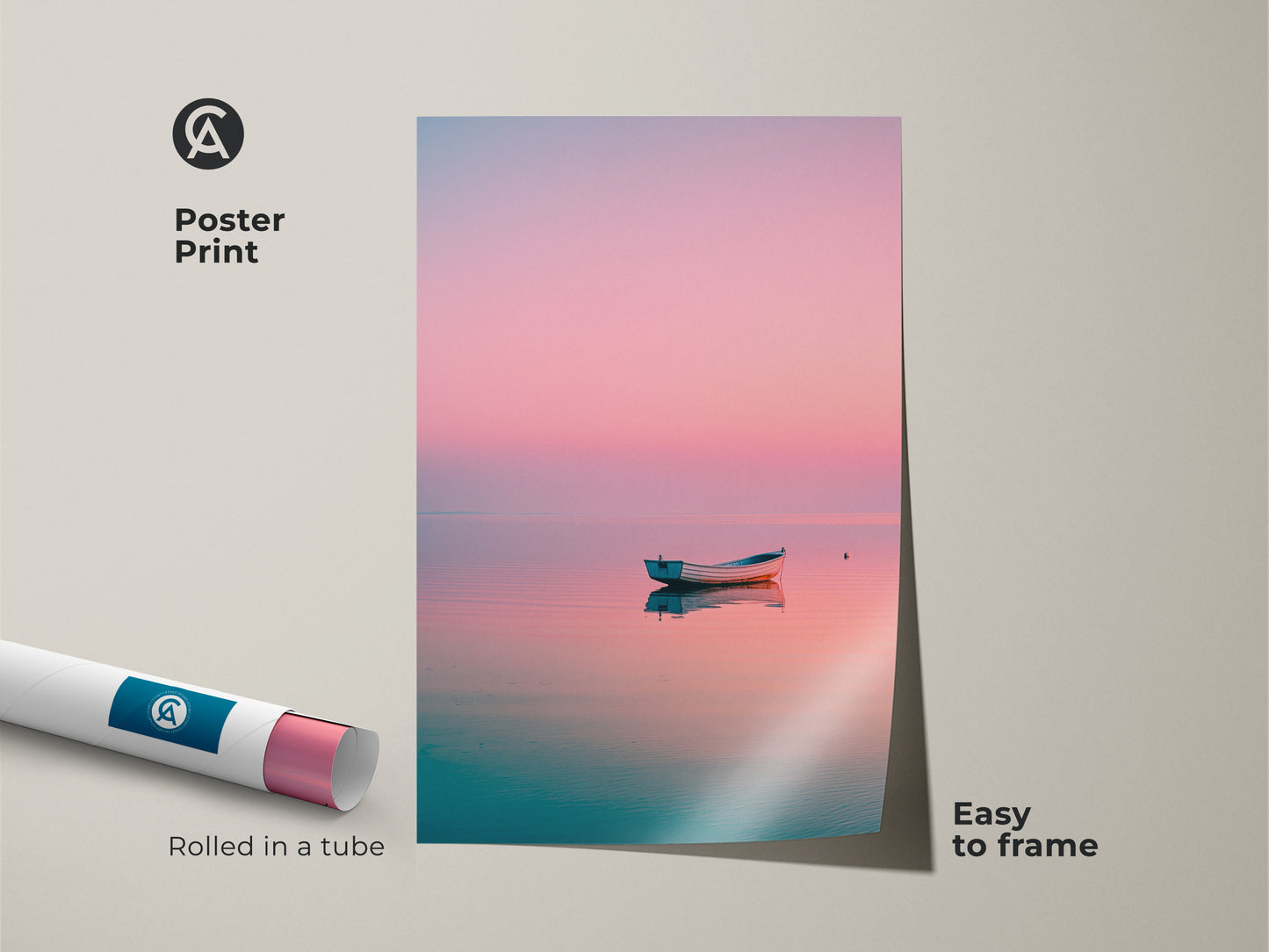 A serene boat rests on calm waters in this poster print. The fine art print is easy to frame. The artwork is rolled in a protective tube. Perfect for coastal artwork collectors.