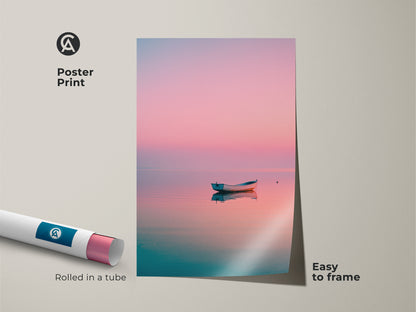 A serene boat rests on calm waters in this poster print. The fine art print is easy to frame. The artwork is rolled in a protective tube. Perfect for coastal artwork collectors.