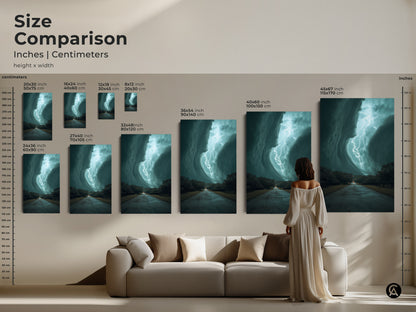 Visualize the impact of teal lightning storm artwork with this size comparison. See how different sizes of canvas and poster prints fit in your living room. From smaller 16x24 inch prints to larger 45x67 inch canvases. Find the perfect scale for your space. Each piece features a dramatic lightning strike. Elevate your home decor with this powerful nature art.