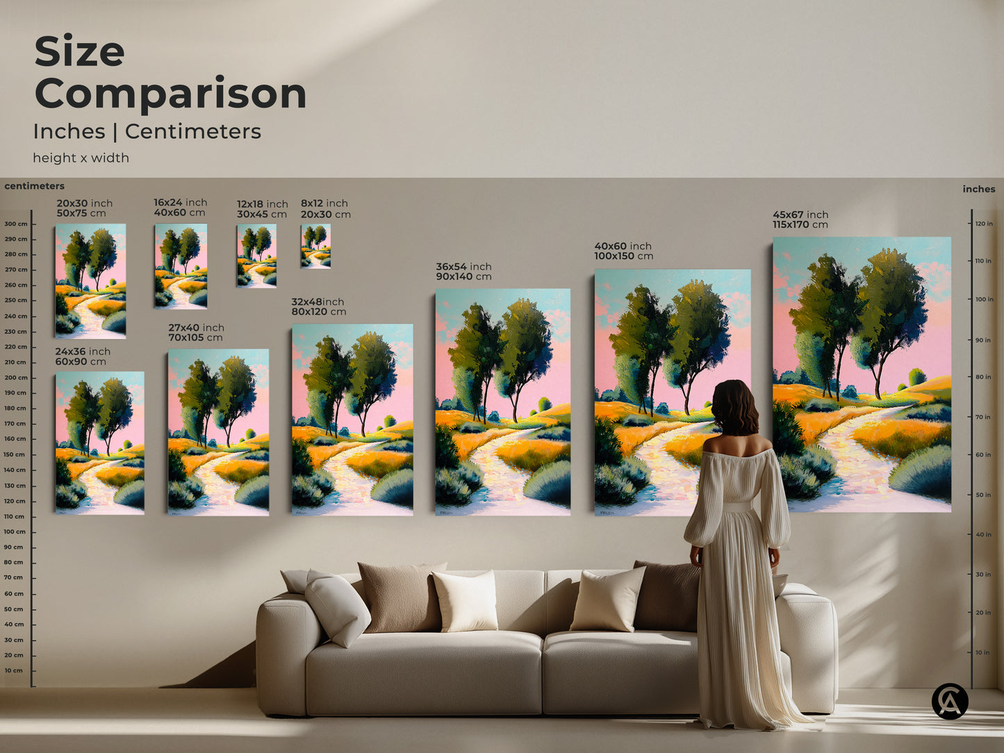 Size comparison displays yellow green rolling hills canvas. See the art in various sizes from 16x24 to 45x67. This idyllic countryside canvas provides a beautiful focal point. An excellent residential wall art addition for any room.
