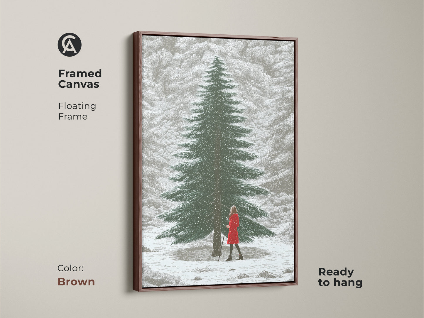 Framed canvas with a brown floating frame showcasing winter forest artwork. This snowy landscape print features a woman in a red dress. A cozy and elegant art for winter lovers.