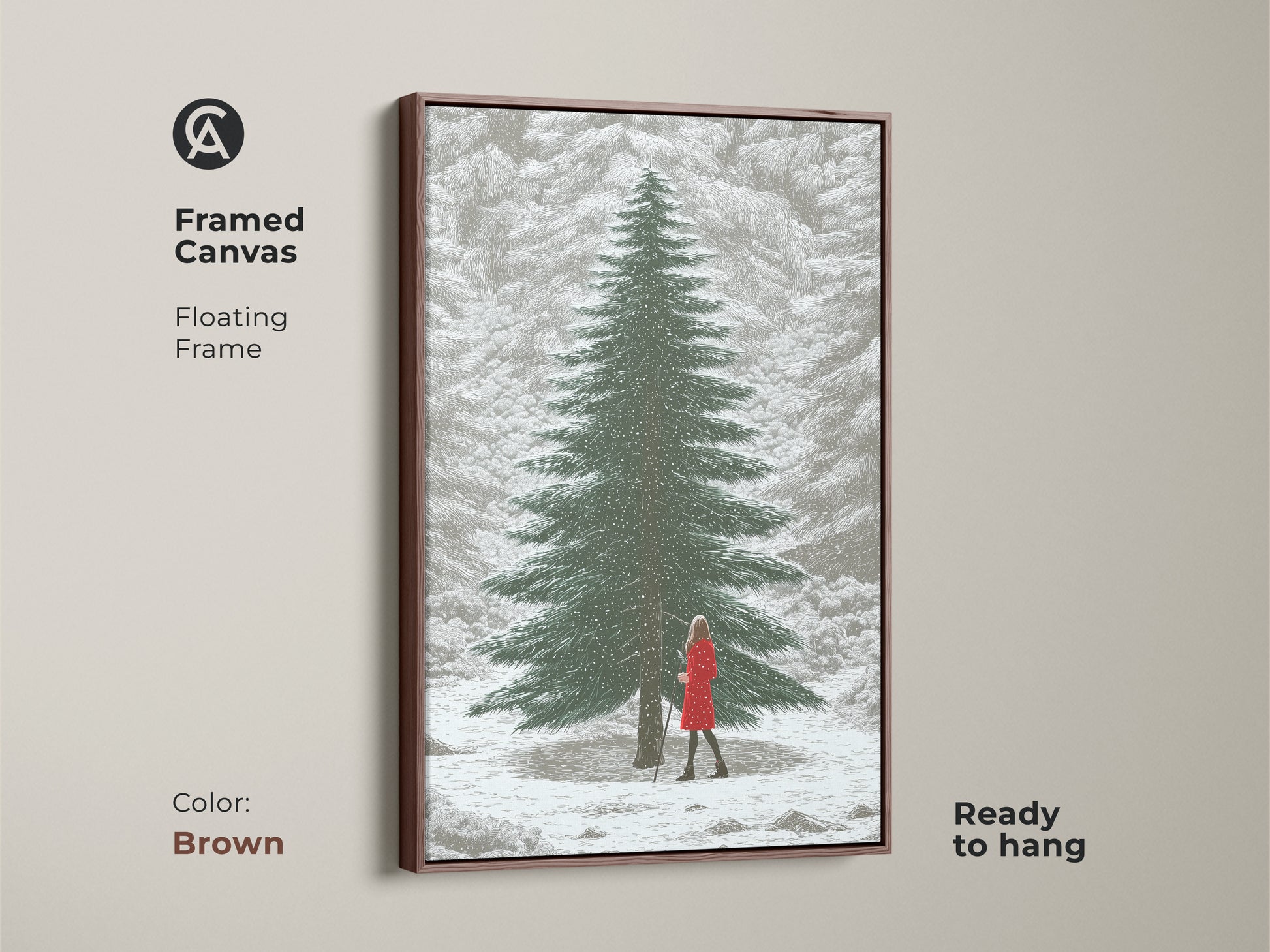 Framed canvas with a brown floating frame showcasing winter forest artwork. This snowy landscape print features a woman in a red dress. A cozy and elegant art for winter lovers.