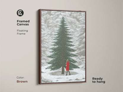 Framed canvas with a brown floating frame showcasing winter forest artwork. This snowy landscape print features a woman in a red dress. A cozy and elegant art for winter lovers.